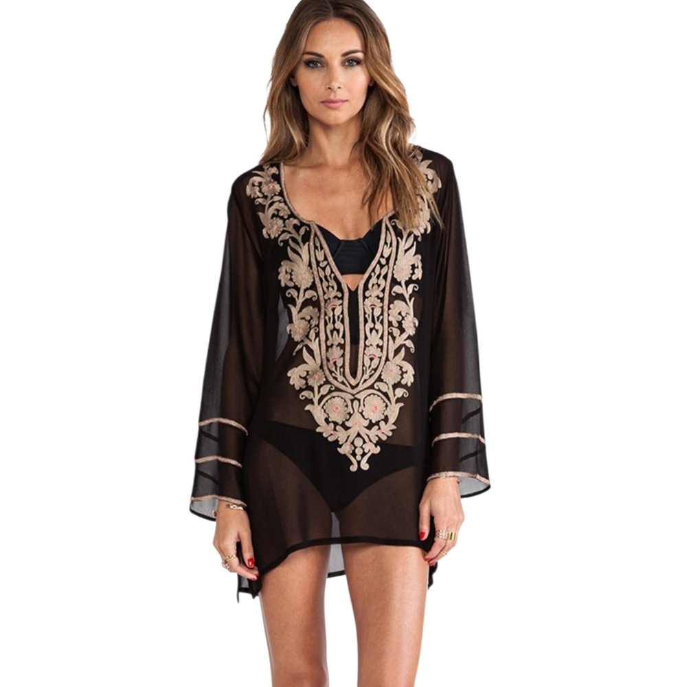 Ella Moss Revolve Black Sheer Embroidered Tunic Top Size Medium